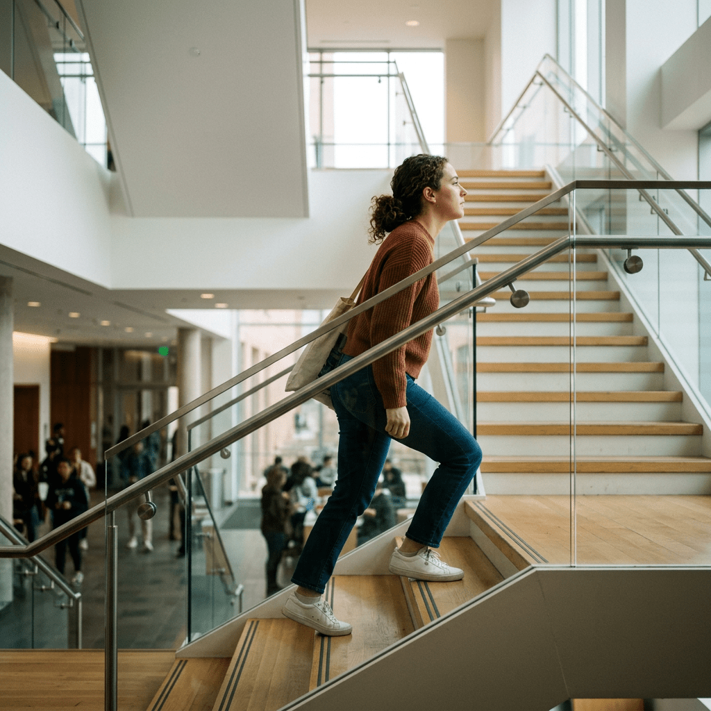 Young woman in casual clothes ascending a wooden staircase inside a modern building