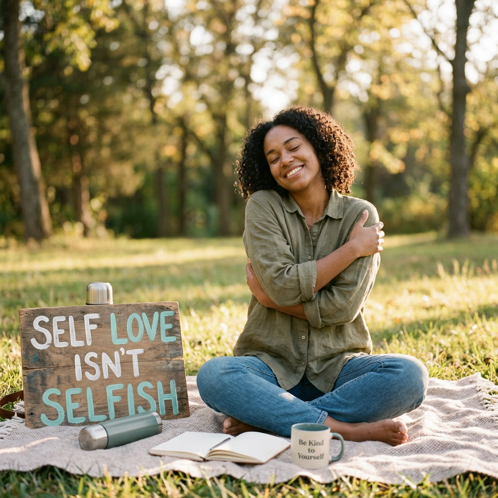 Smiling woman hugging herself beside signs reading “SELF LOVE ISN’T SELFISH” and “Be Kind to Yourself”